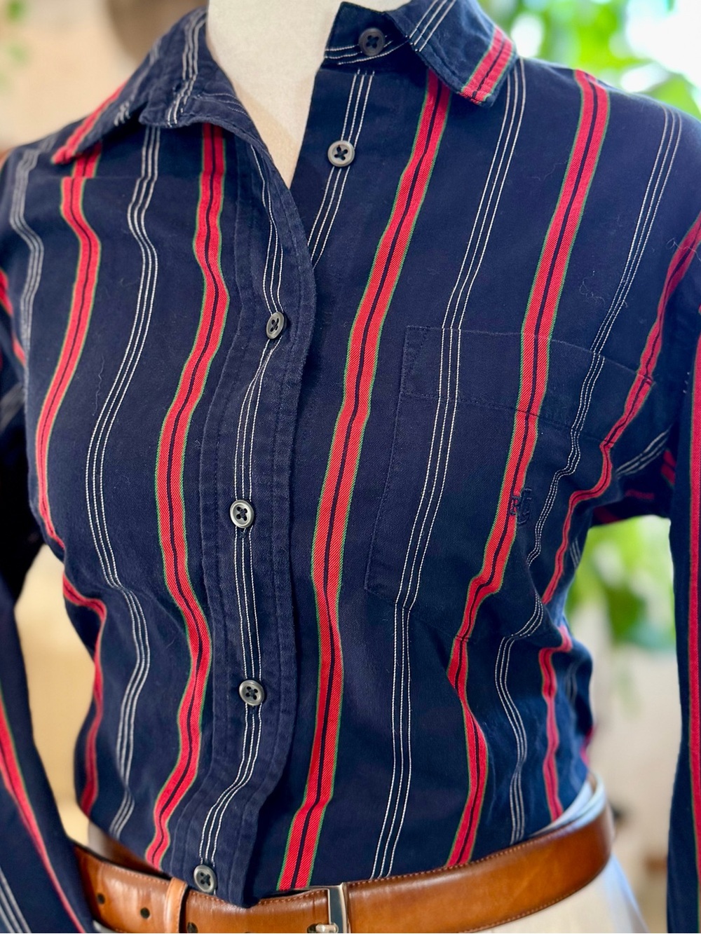 Lauren Ralph Lauren Petite Shirt 8P Navy Red Stripe Monogram Cotton Button Down - Picture 3 of 10